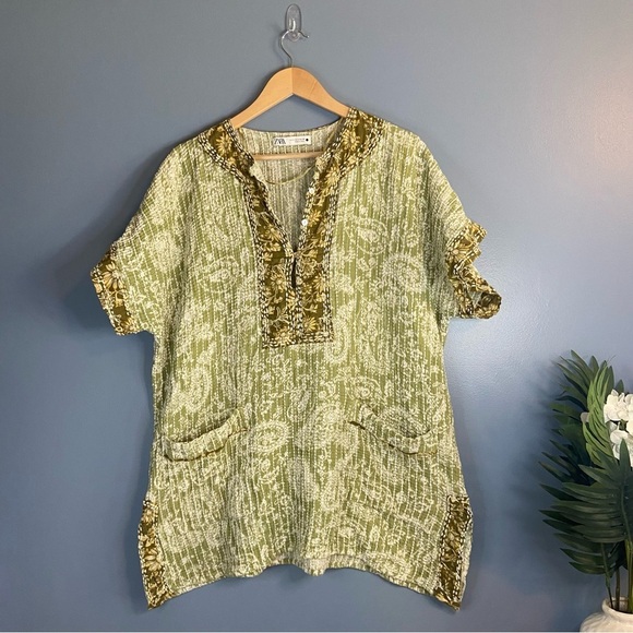 Zara Green Boho Print Quilted Tunic Mini Dress - Picture 3 of 10